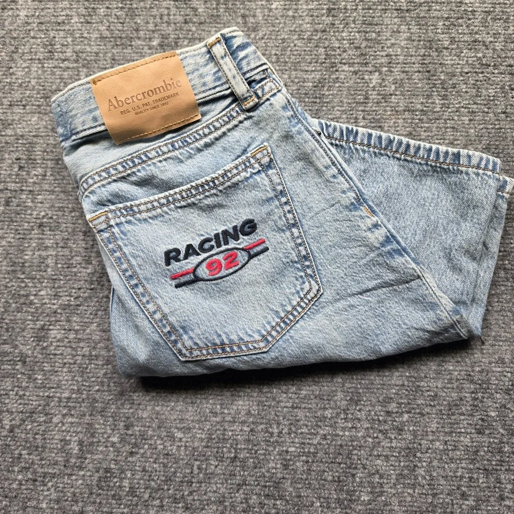 Abercrombie Kids Racing 92 Light Wash Denim Shorts Jorts Checkered Flag 13/14